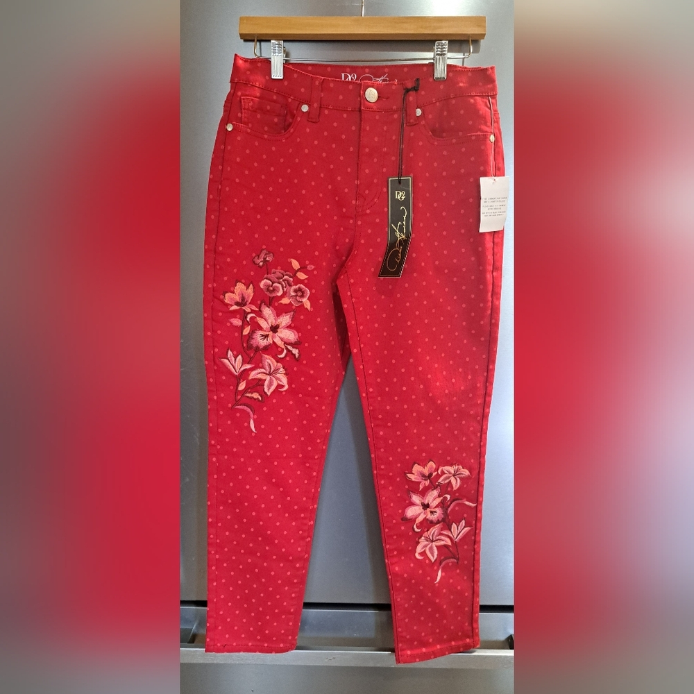 Red Polka Dot DG2 Diane Gilman Stretch Denim Straight Jeans  NWT Boho Retro 10P